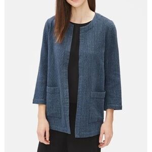 Eileen Fisher Cotton Linen Collarless Open Lightweight Jacket Lagenlook Blue M